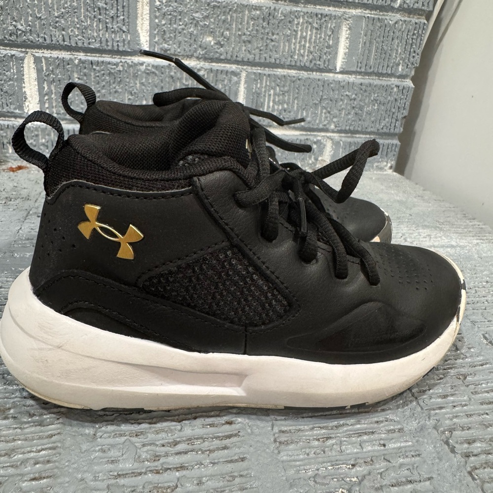 Size 13C Under Armour Kids' Black and Gold Sneakers